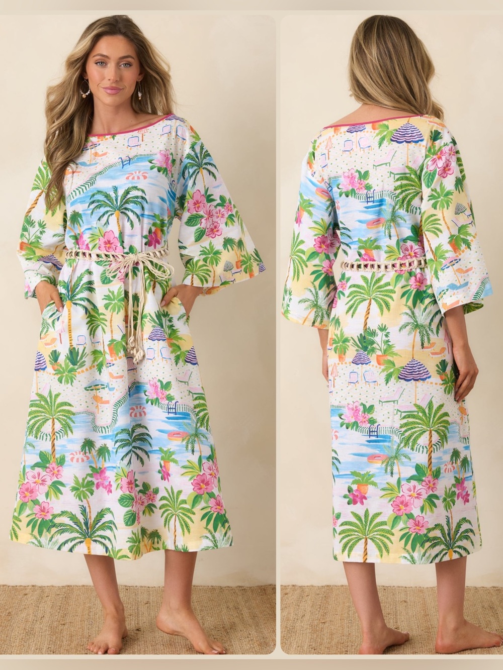 Paradisa Sarasota Cotton/Linen Tropical Shell-Belt Caftan Midi Dress NWT $185